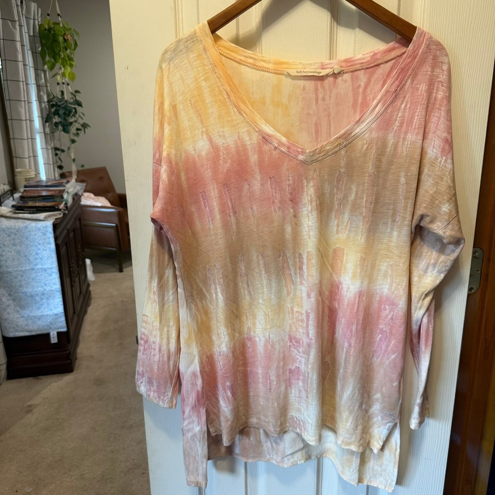 Soft Surroundings M Tunic Pink Yellow Tie Dye V-Neck Long Sleeve Boho Langenlook